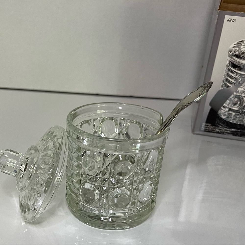 Elegant Glass Sugar or jam Bowl with Lid and Spoon